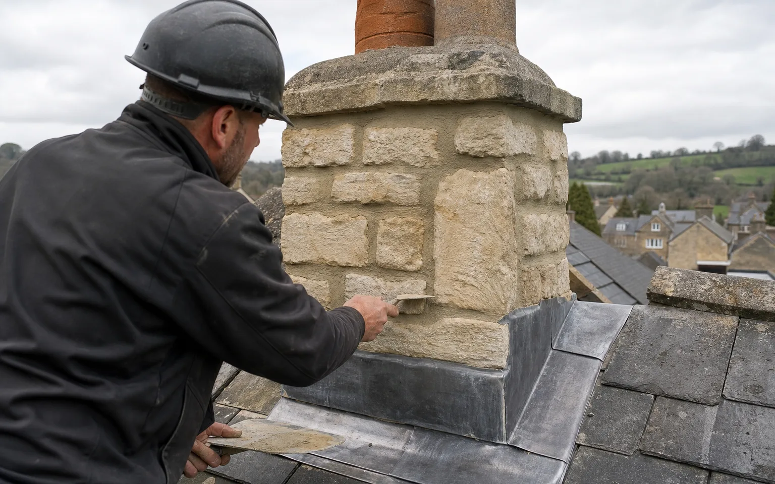 Roofer repointing a Cotswold stone chimney stack with new lead flashing at its base