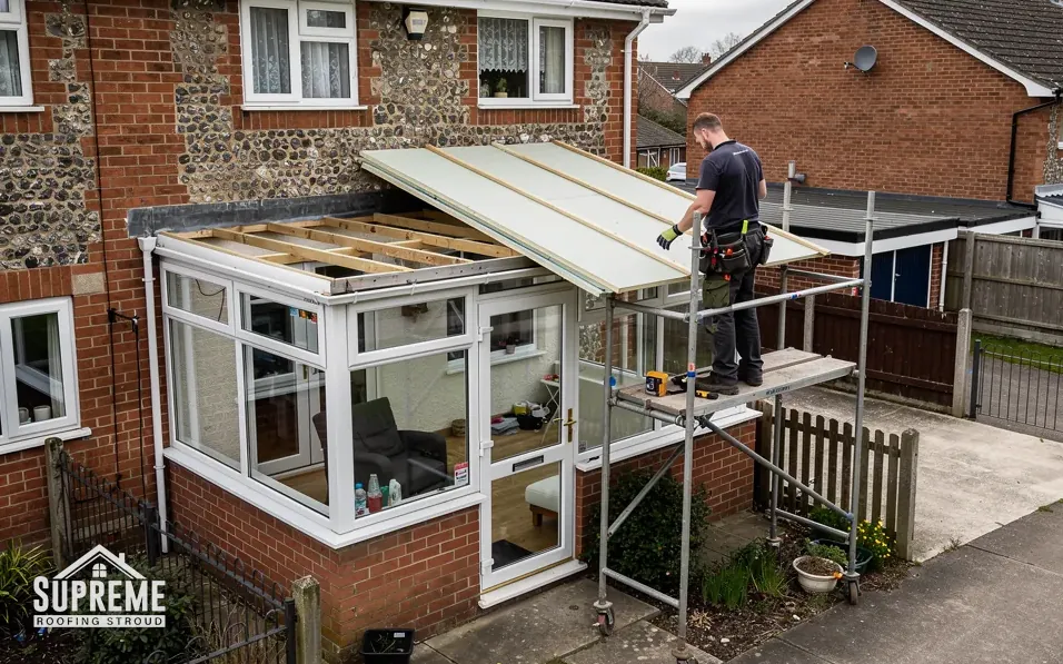 Roofer on a platform fitting a new roof to a uPVC conservatory