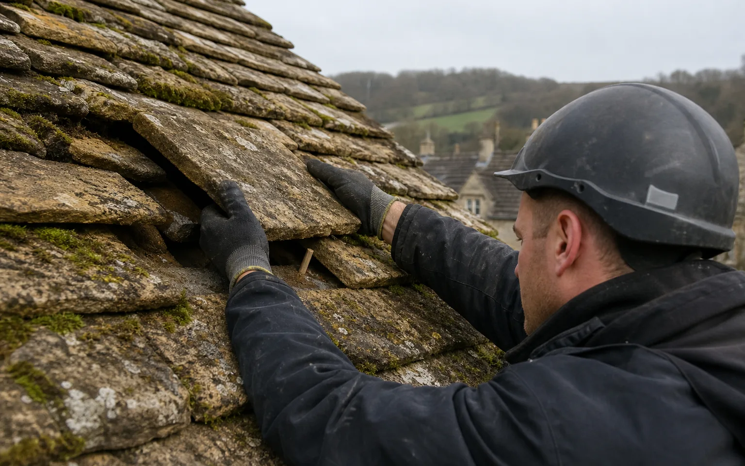 Gloved hands refixing a slipped Cotswold stone slate among mossy courses