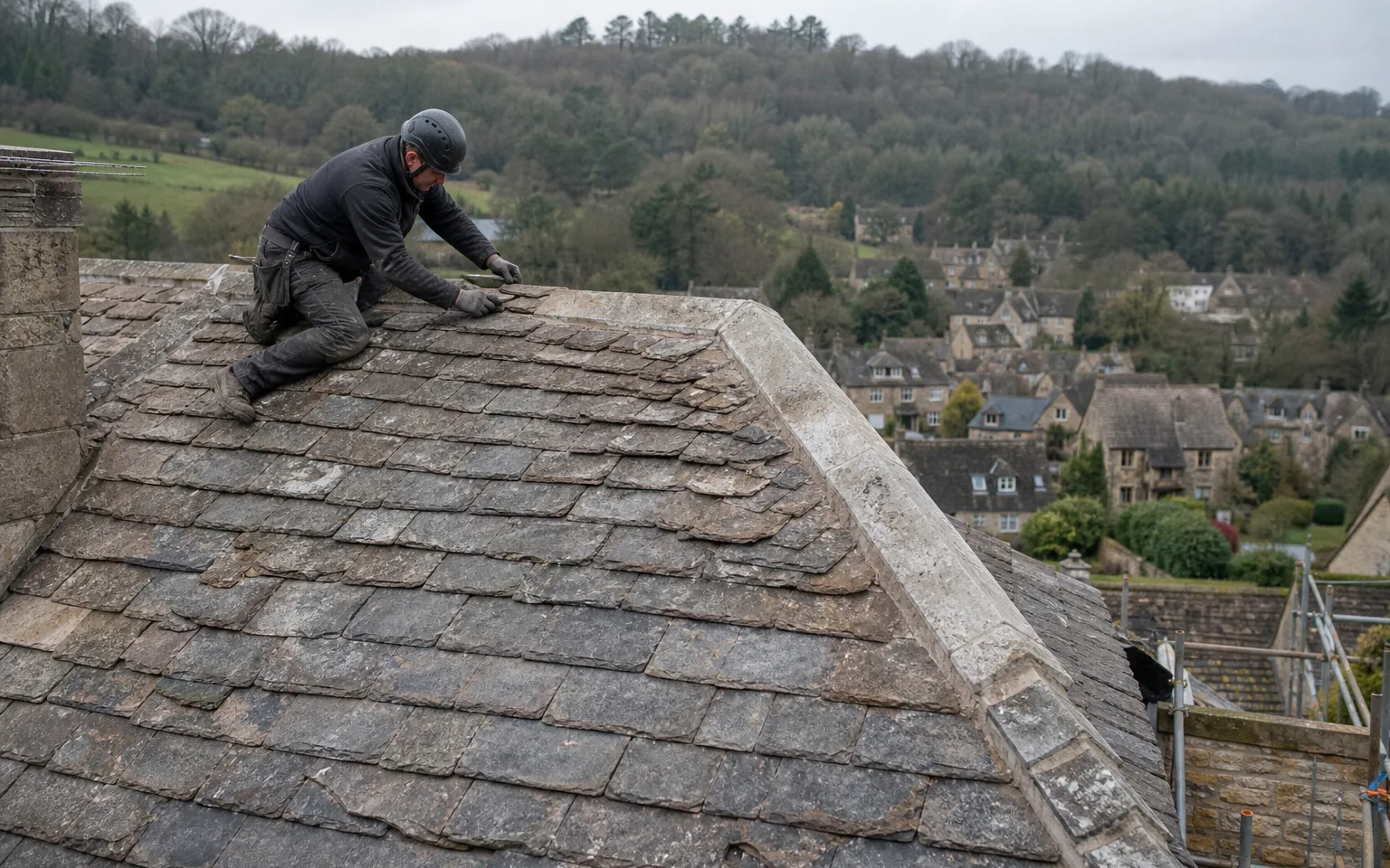 Steep stone slate roof graded in diminishing courses below a dressed stone ridge