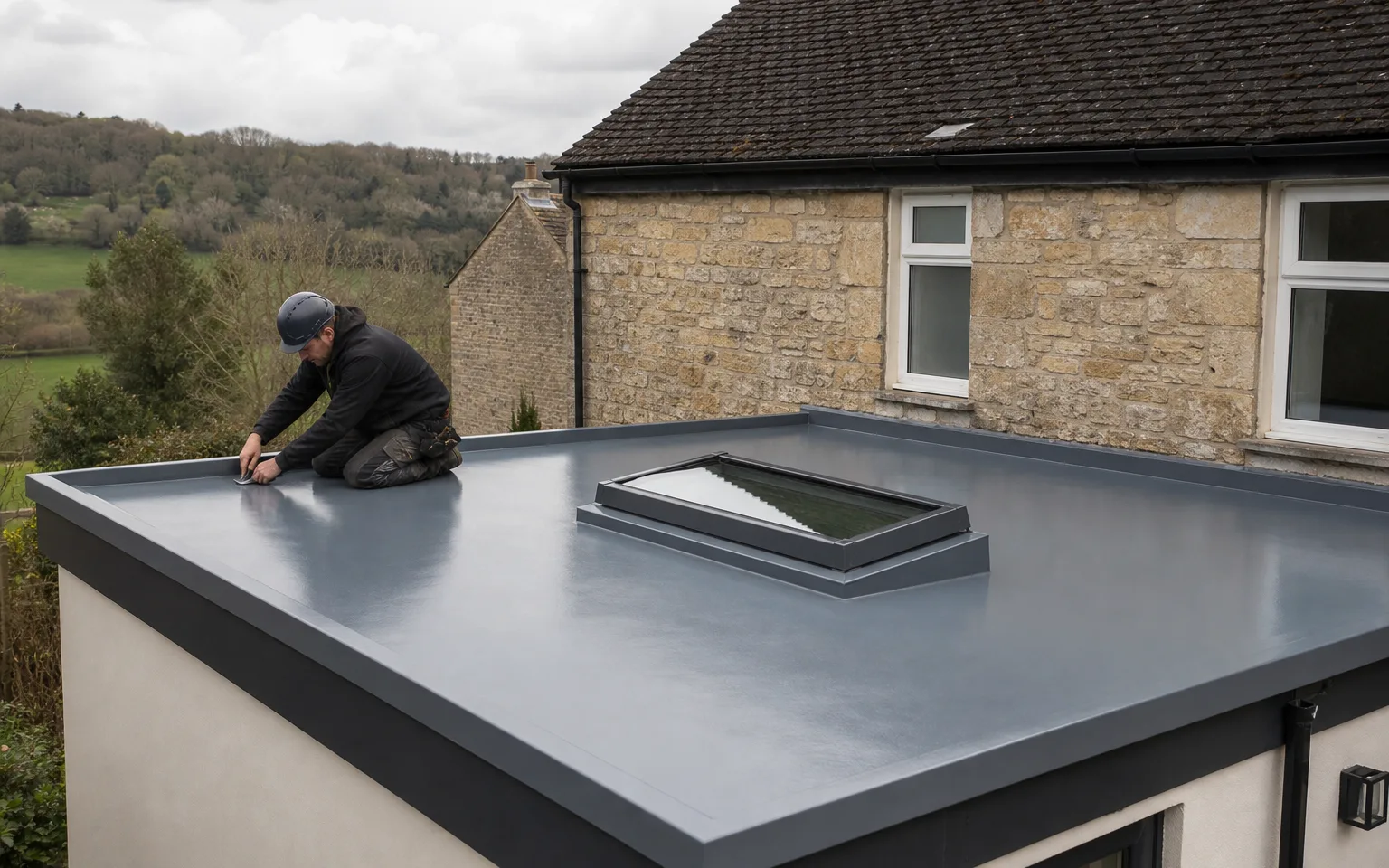 New grey fibreglass flat roof with a rooflight on a house extension