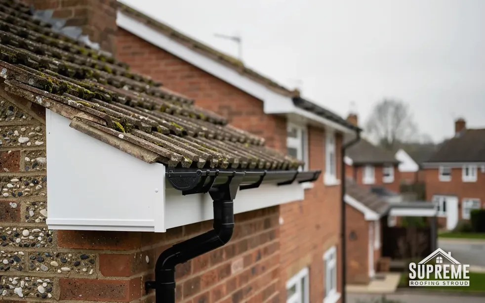 Roofer fixing a new fascia board and gutter run on a stone house in the Stroud valleys