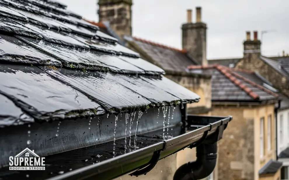 Rain dripping from a wet slate roof edge into a black plastic gutter