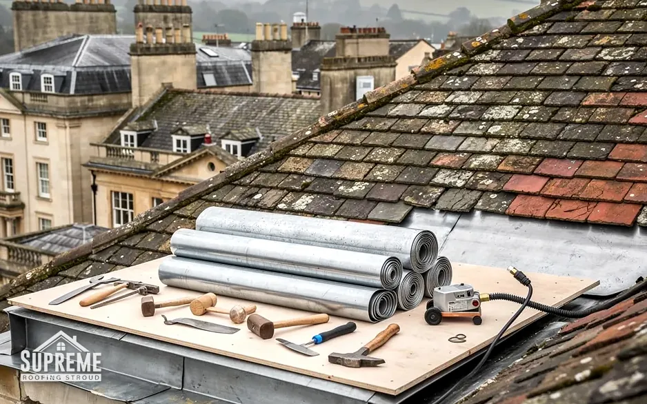 Rolls of sheet lead and roofing hand tools on a board beside a tiled roof