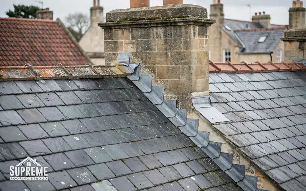 Slate roof valley with stepped lead flashing beside a stone chimney
