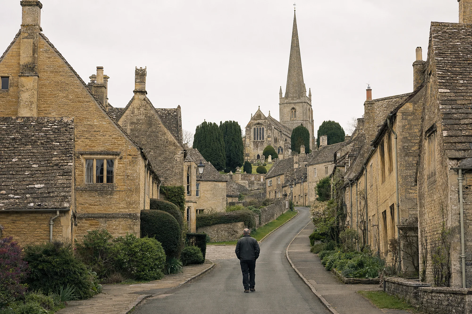Street of old Cotswold stone houses with stone slate roofs rising to a church with a tall spire and clipped yews