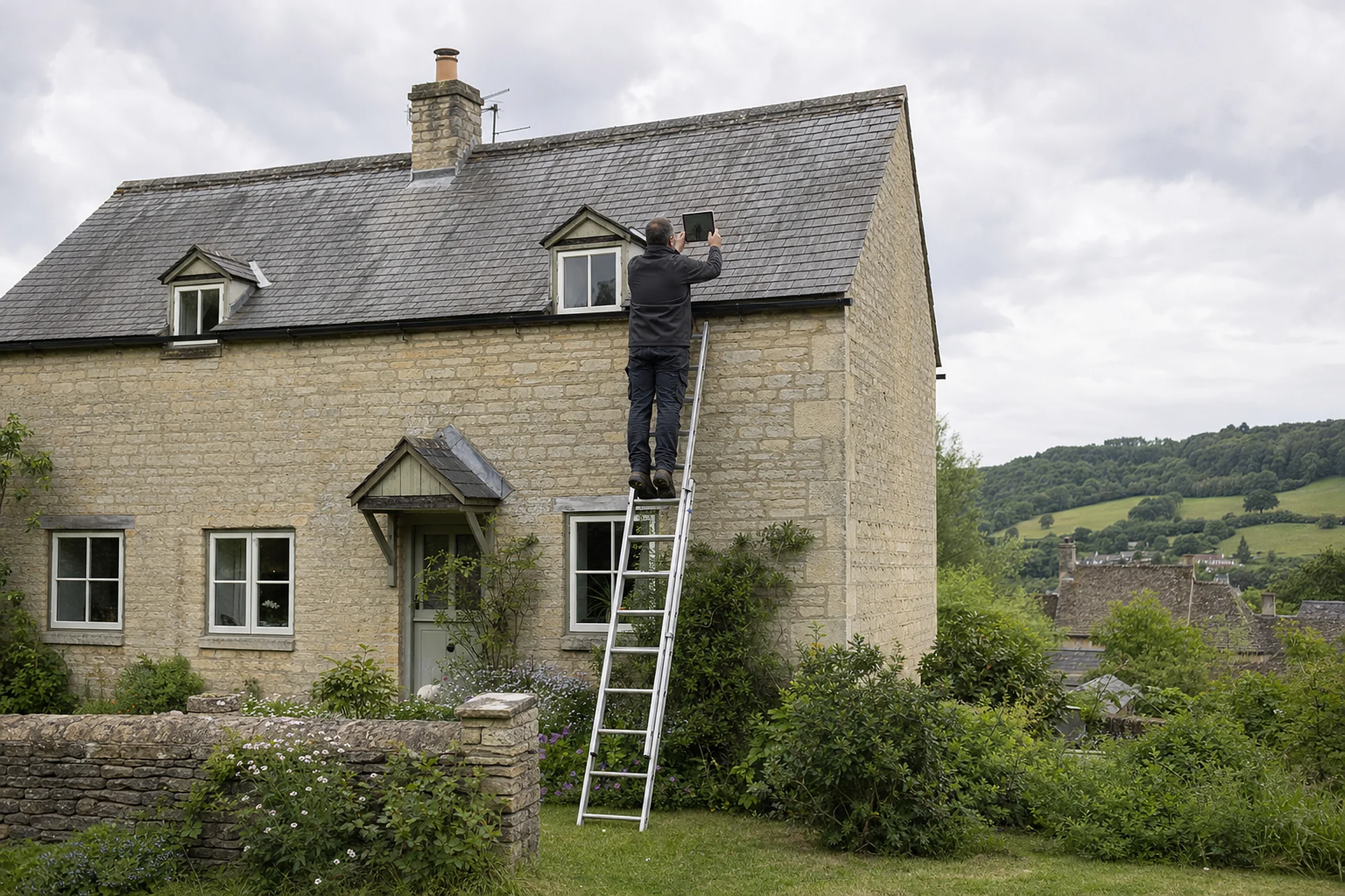 Roofer on a ladder photographing the slate roof of a stone cottage with a tablet