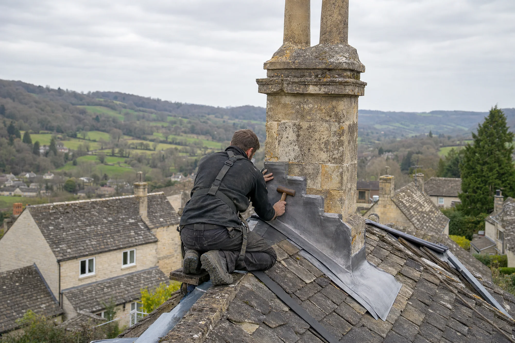 Roofer in a harness dressing new stepped lead flashing around a Cotswold stone chimney stack