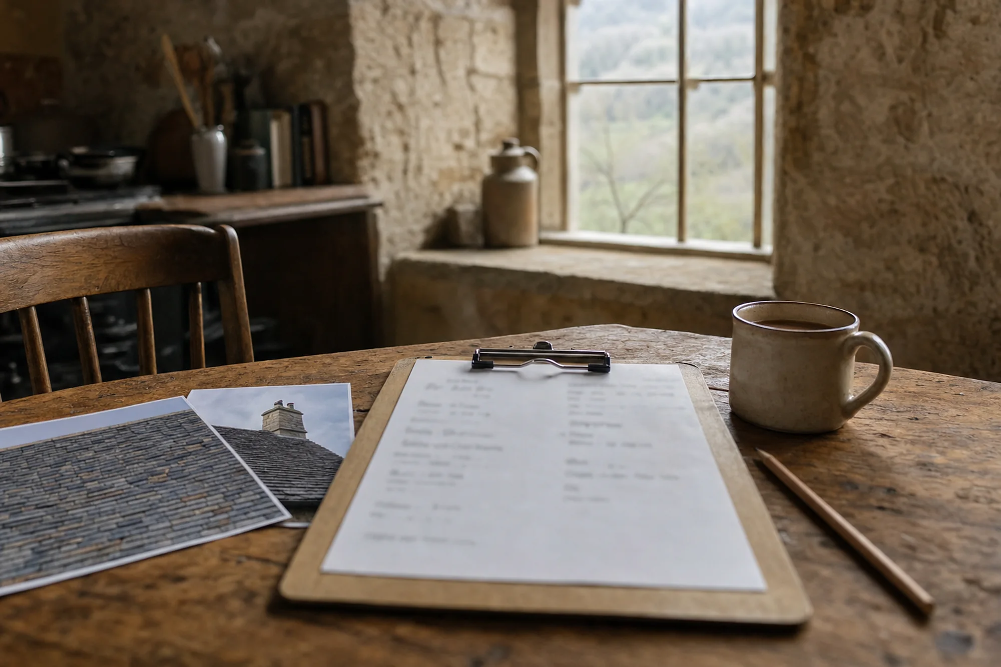 Clipboard with a written roofing quote and printed roof photographs on an oak kitchen table in a stone cottage