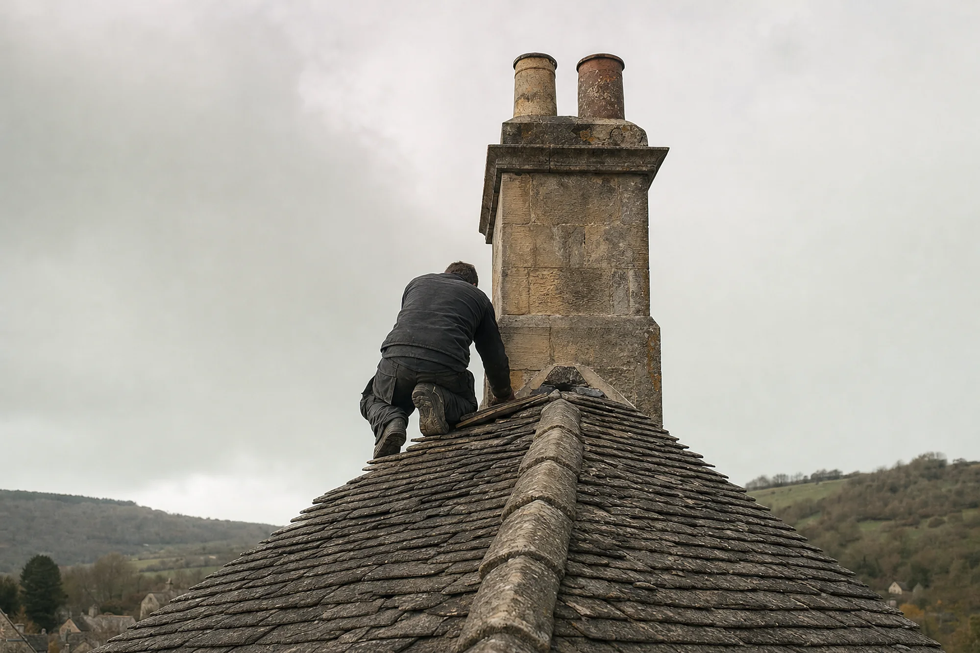 Roofer kneeling by a tall ashlar stone chimney stack on a stone slate roof with stone ridge pieces, under a grey sky