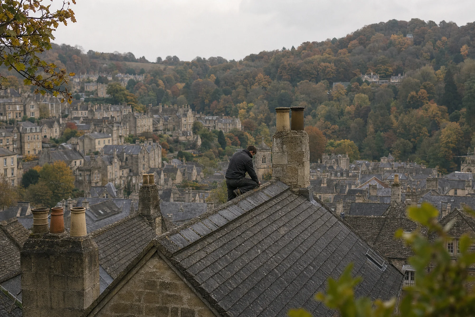 Slate and stone roofs and chimney stacks across a Stroud hillside in autumn, with a roofer on one ridge