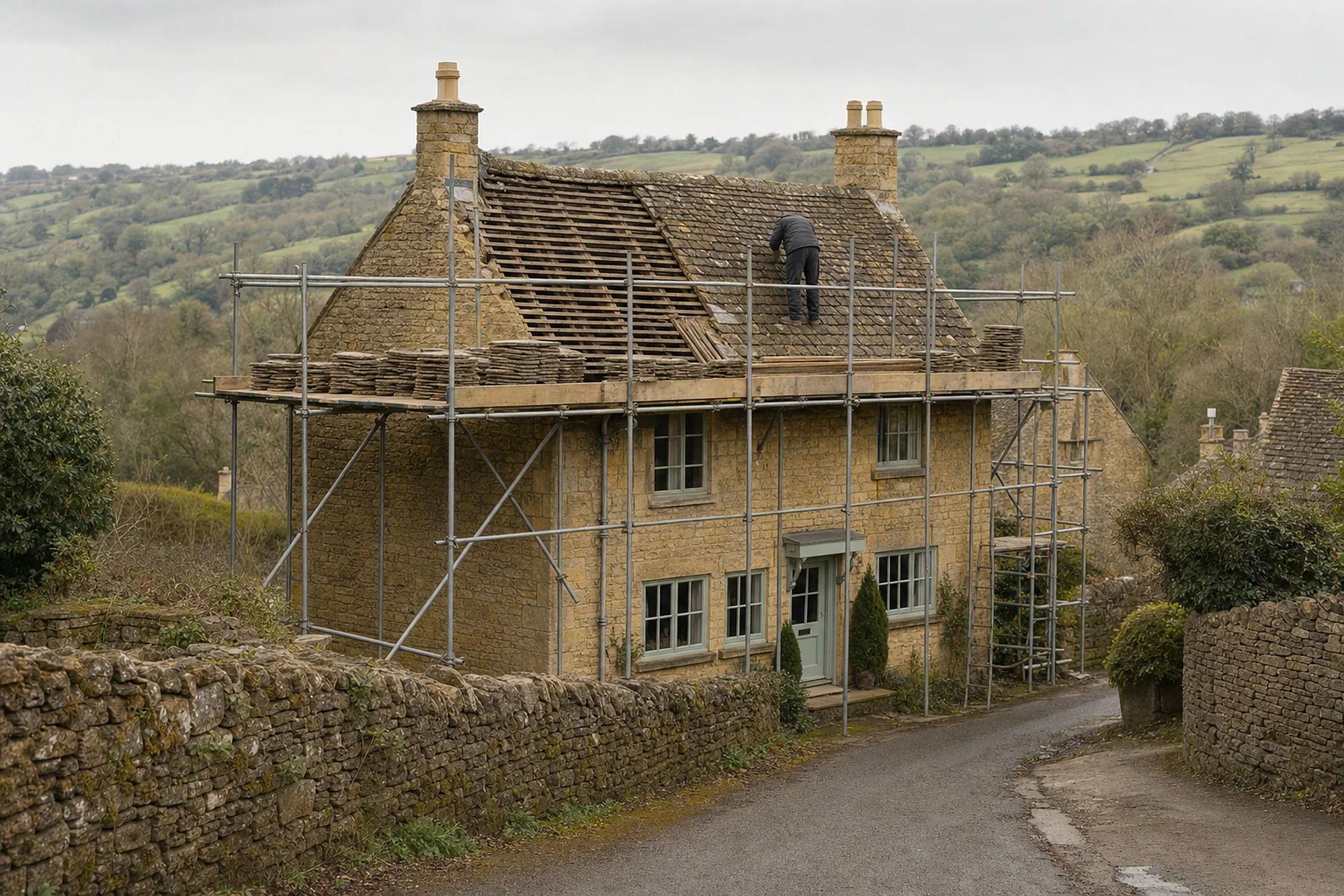 Scaffolding round a Cotswold stone cottage on a narrow lane, half its roof stripped to battens and stone slates stacked on the boards