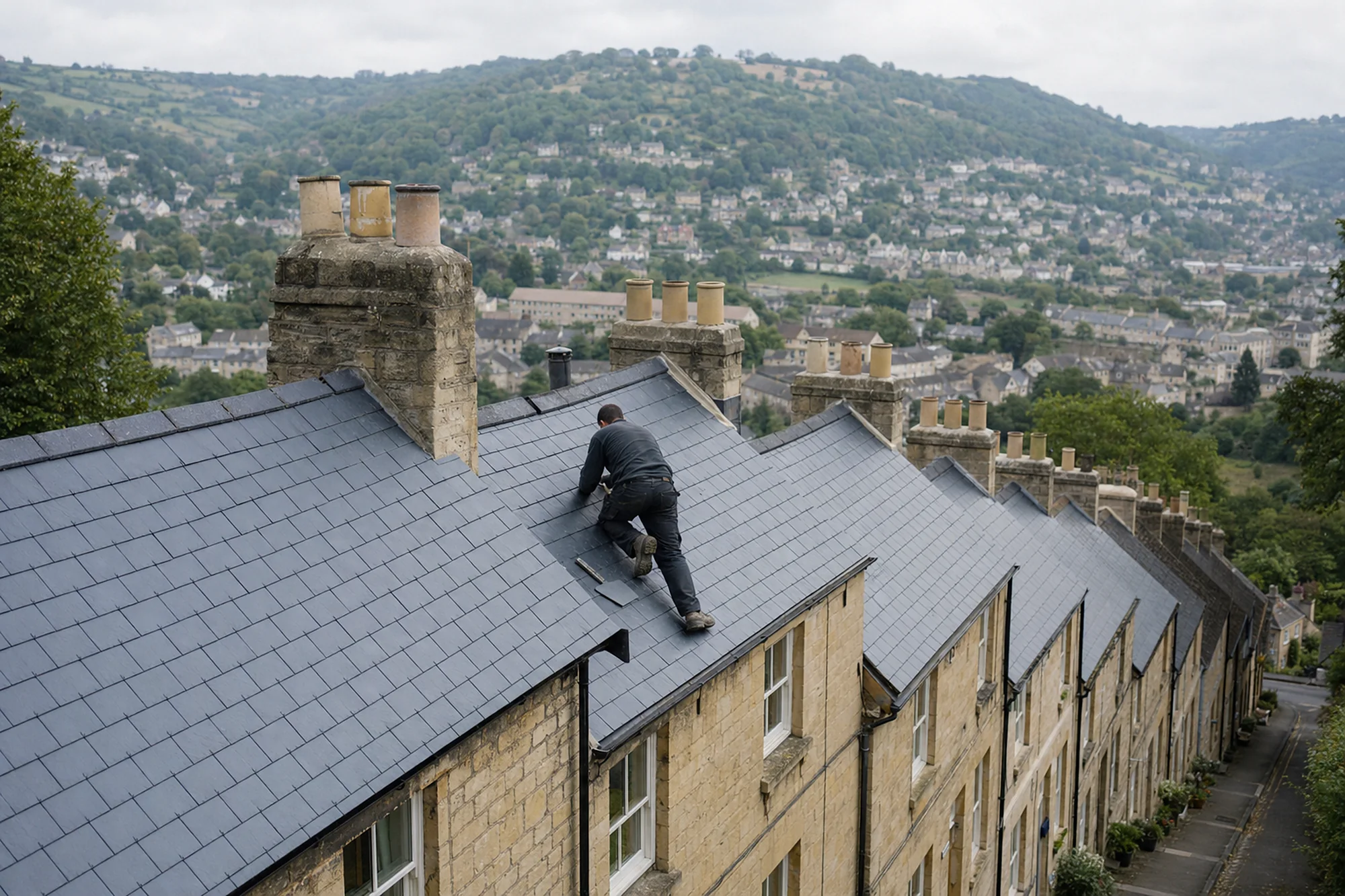Roofer on the Welsh slate roof of a stone terrace stepping down a steep Stroud street, with the town on the hillside beyond