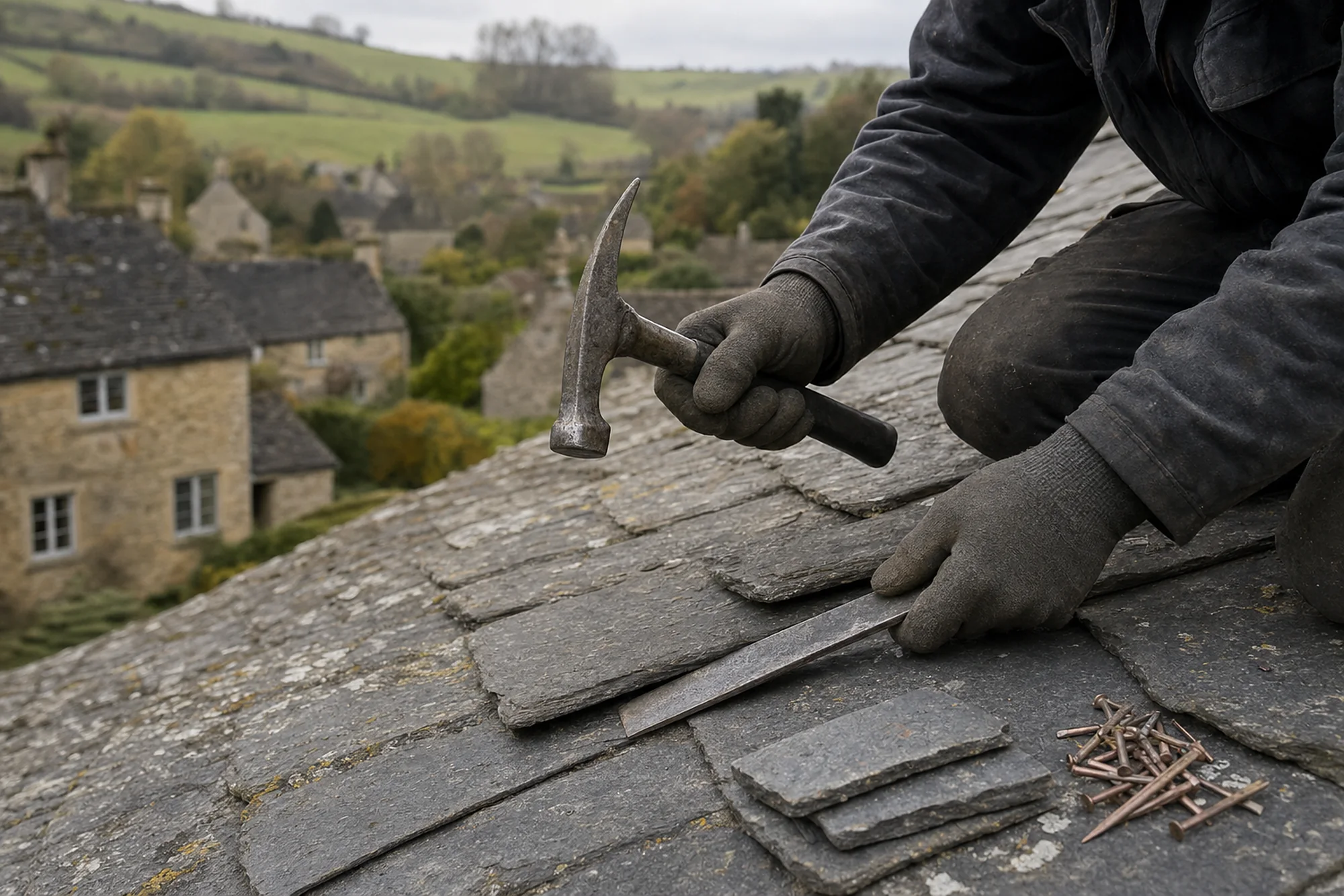 Gloved hands holding a slater's hammer and a slate ripper over a worn slate roof, with copper nails and spare slates beside them