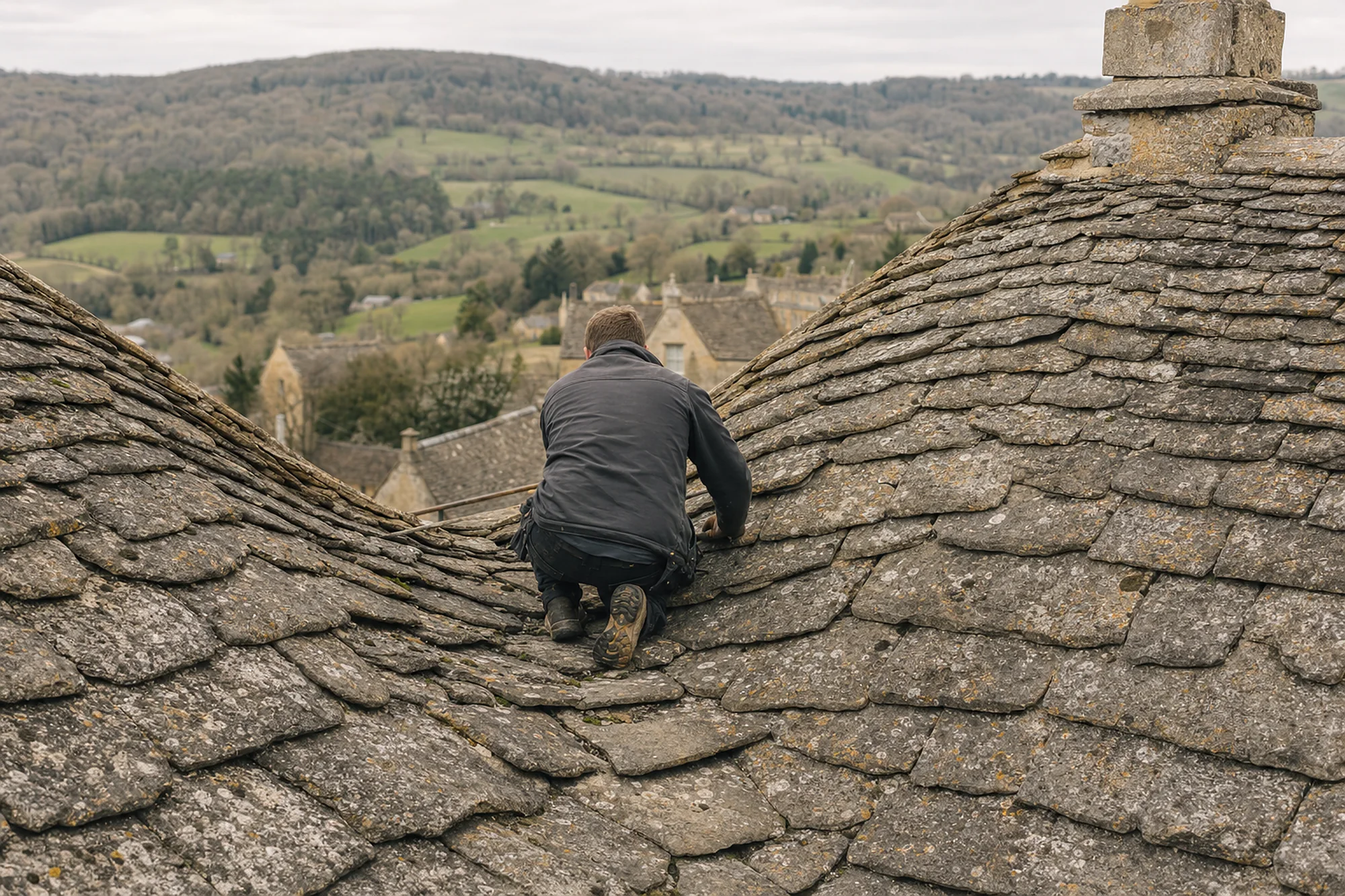 Roofer working in a swept valley between two Cotswold stone slate roof slopes laid in diminishing courses