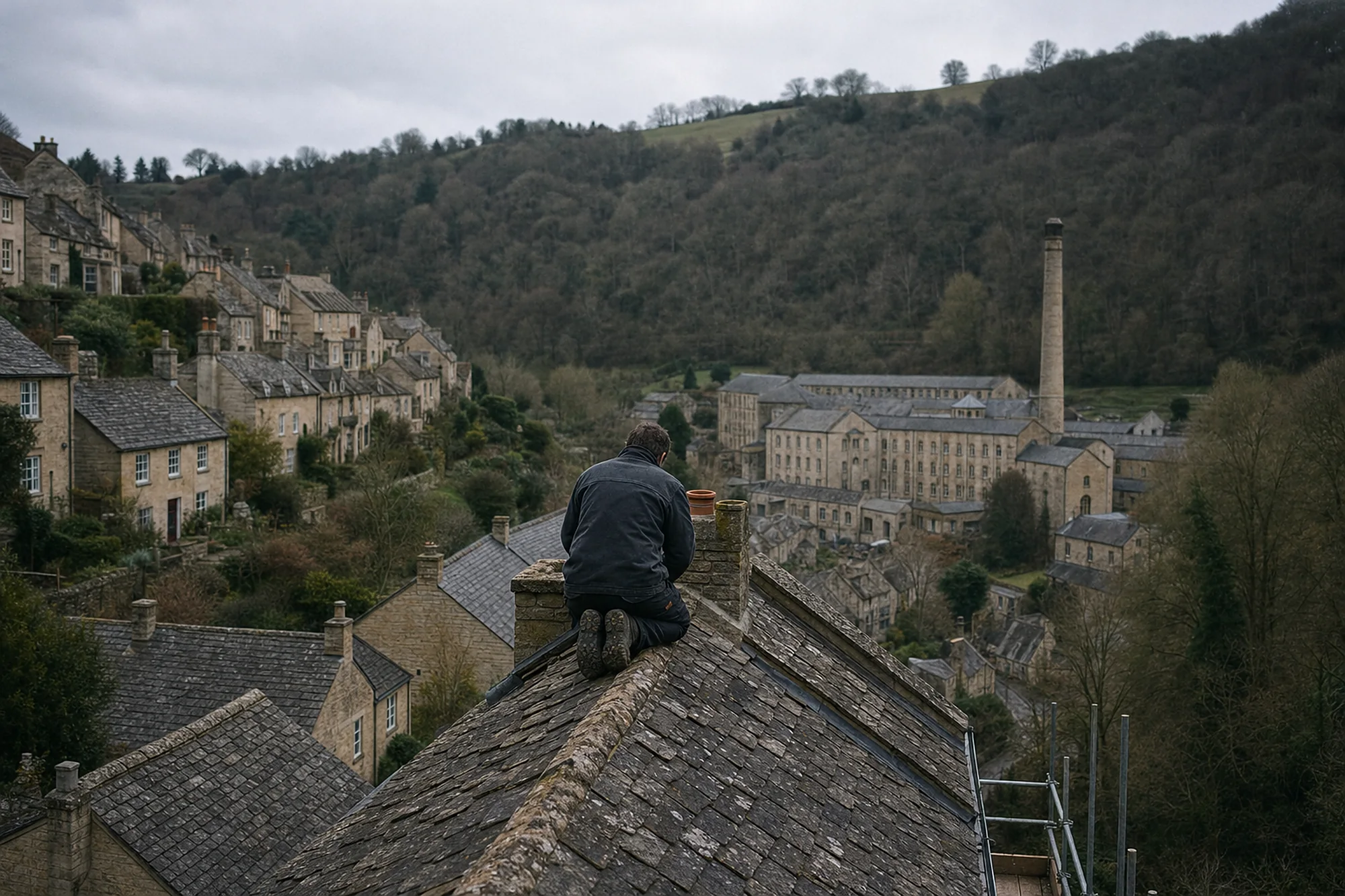 Roofer kneeling on a stone slate ridge above a wooded Five Valleys hillside, with stone cottages and an old woollen mill and chimney in the valley below
