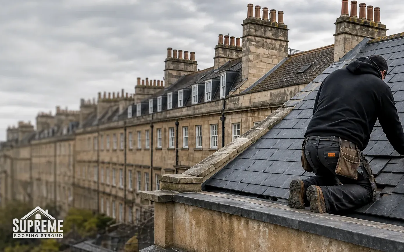 Roofer kneeling on a slate roof above a long stone Georgian terrace