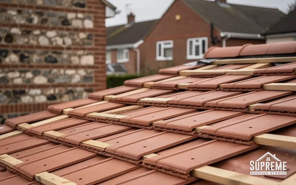 New red clay plain tiles laid on battens beside a flint wall