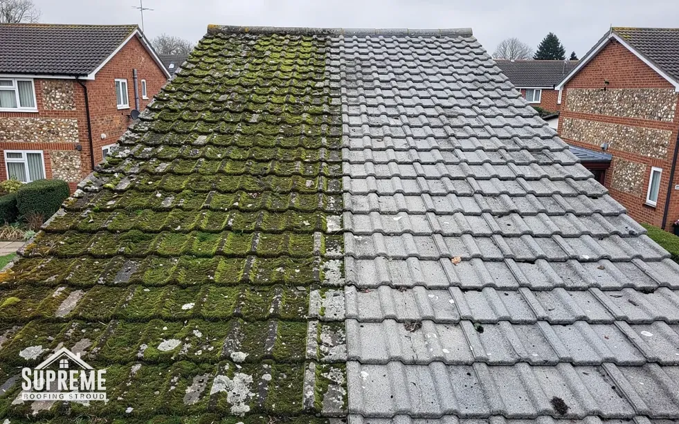 Concrete tile roof with one side covered in moss and the other cleaned