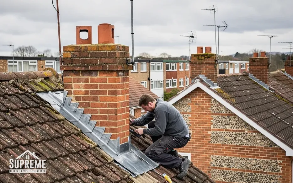 Roofer checking lead flashing around a brick chimney on a tiled roof