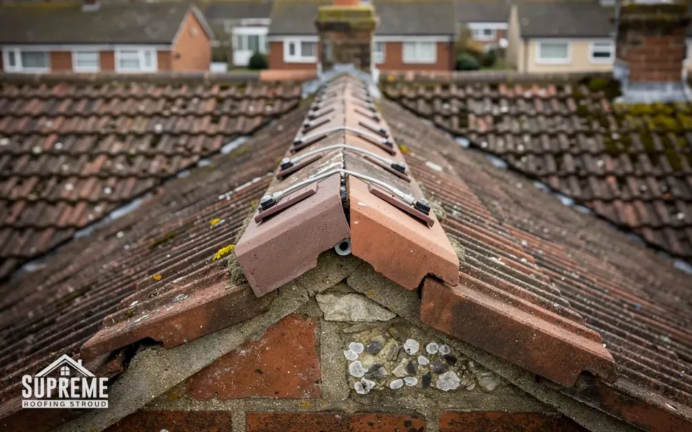 Clay ridge tiles bedded in mortar along the top of a tiled roof