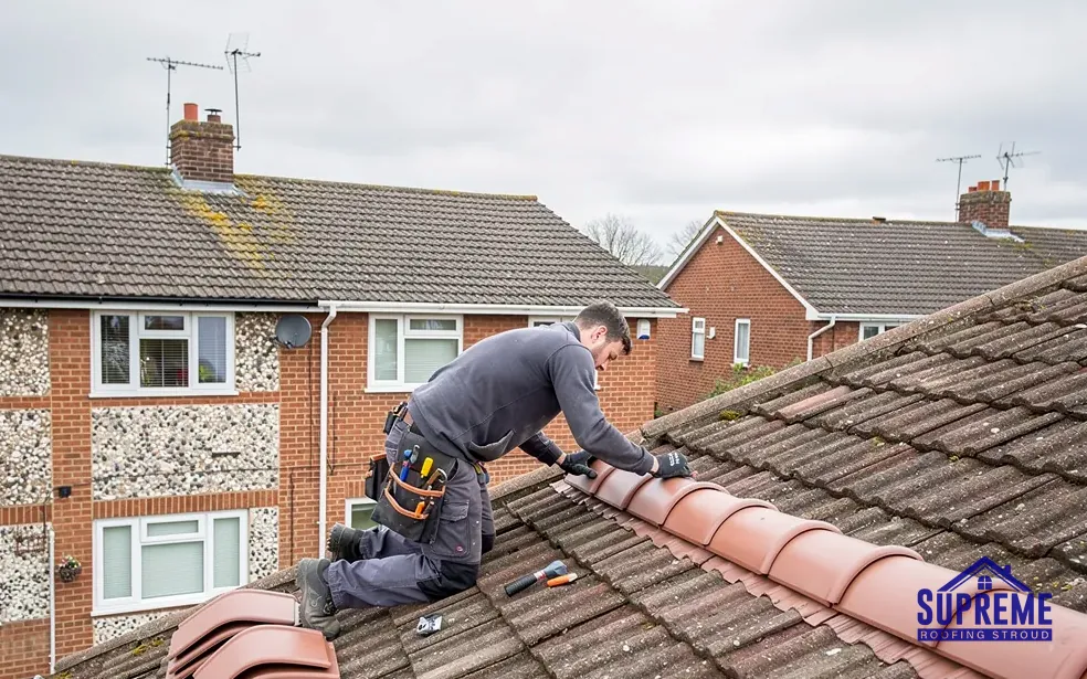 Roofer fitting clay ridge tiles on a tiled roof of a brick house