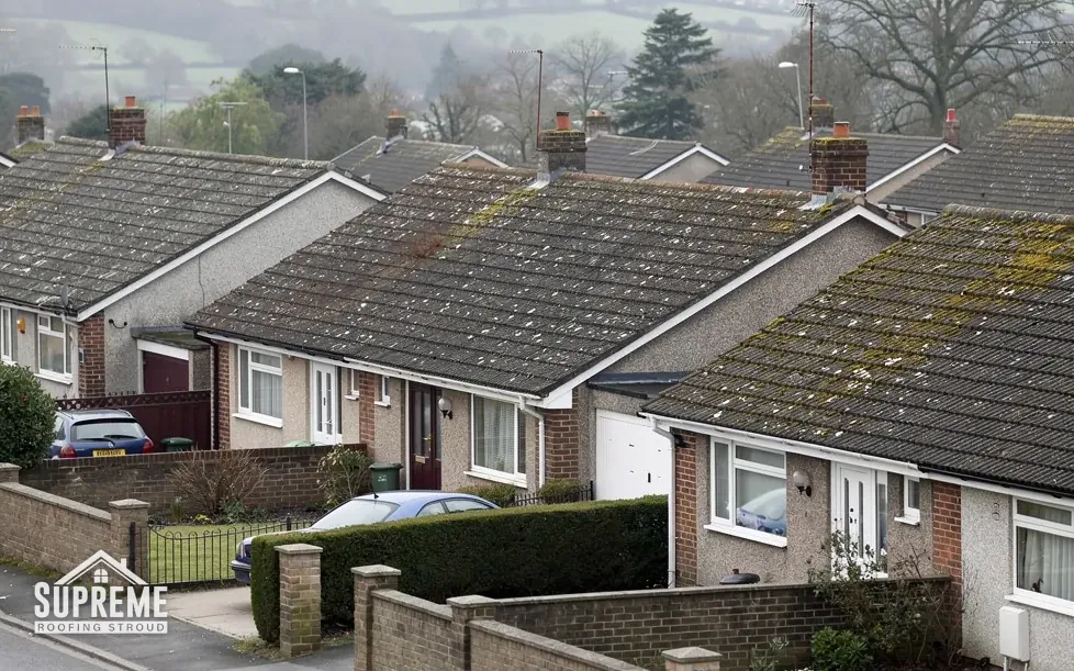 Roofer scraping moss from clay tiles on a shaded roof slope under overhanging trees