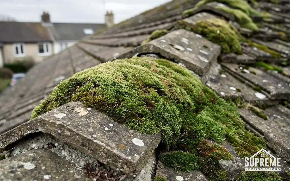 Thick green moss growing on old concrete roof tiles and ridge