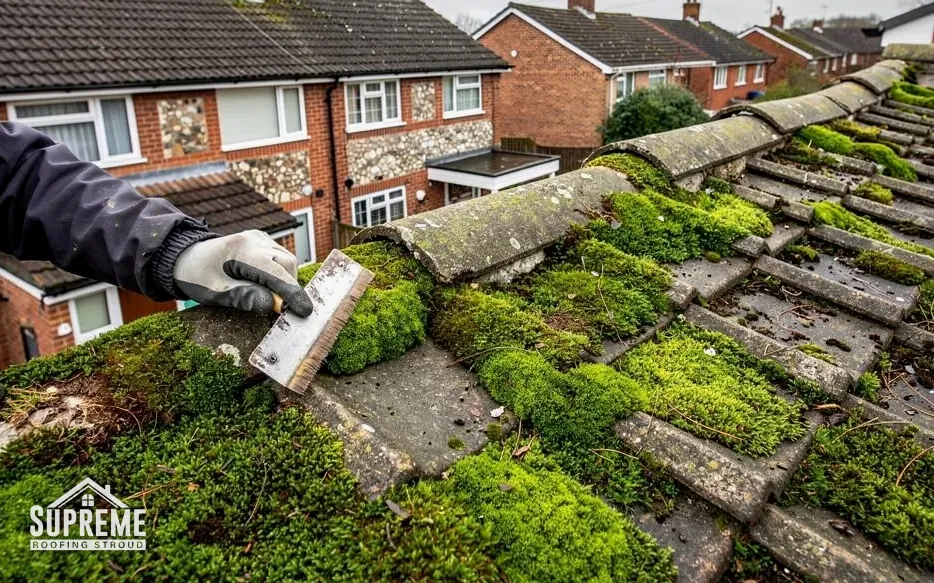Gloved hand scraping thick moss from concrete roof tiles with a scraper