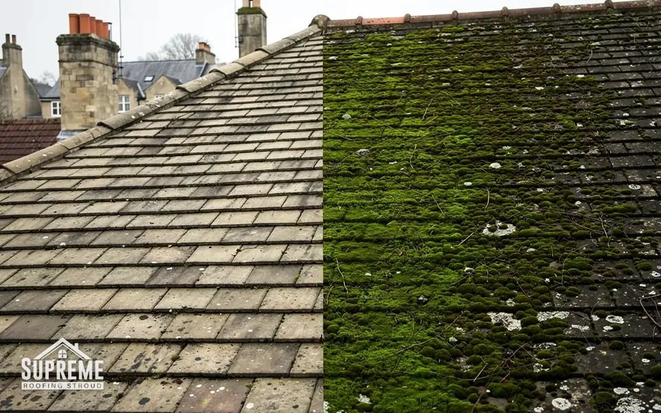 Tiled roof with one half cleaned and the other covered in green moss