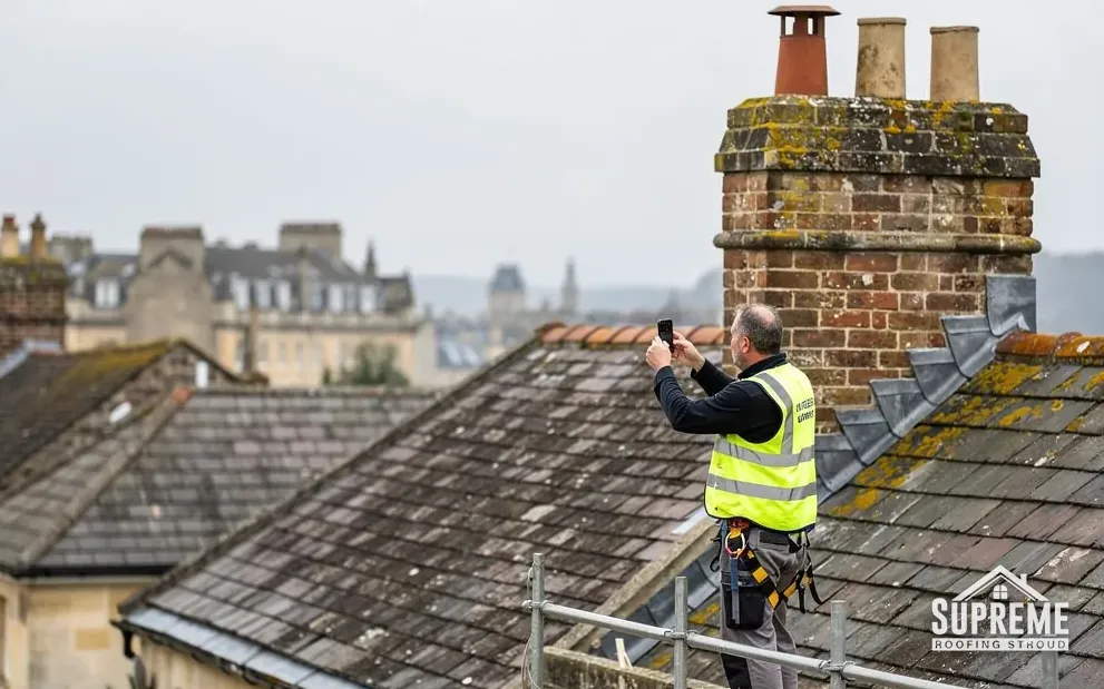 Roofer inspecting ridge tiles and a chimney flashing on a terraced house in a Stroud valley