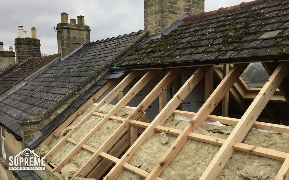 Partly stripped roof showing timber rafters and loft insulation beneath