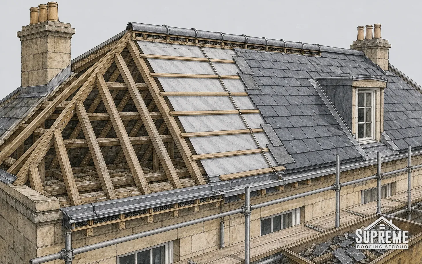 Roof stripped to its timber frame with part re-slated beside stone chimneys