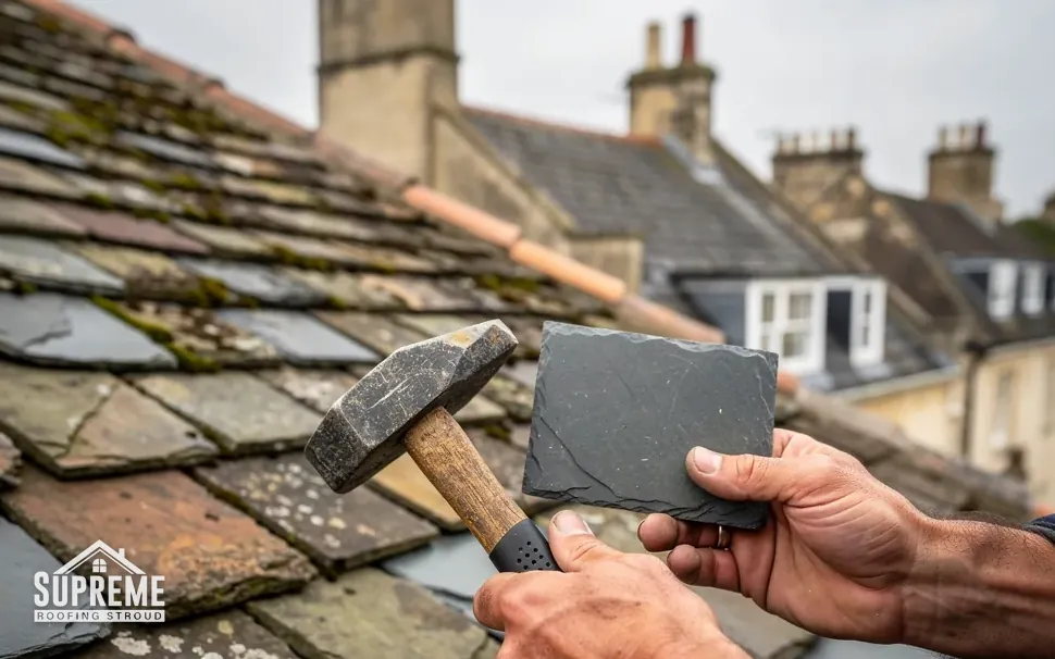 Hands holding a slate hammer and a new slate above an old roof
