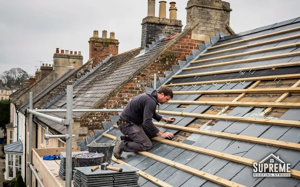 Roofer laying new slates on battens over membrane on a terraced roof
