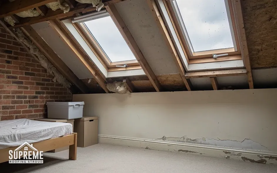 Loft room with exposed rafters and two roof windows letting in daylight