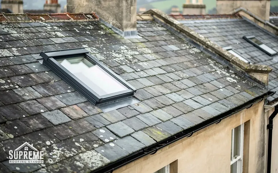 Roof window set into a lichen-covered slate roof on a stone house