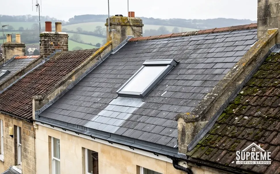 Slate roof with a roof window between stone gable walls