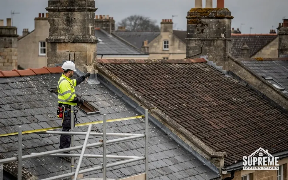 Slater working along a course of natural slates on a terrace roof