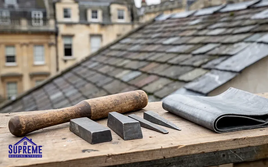 Wooden mallet, slate tools and a roll of lead on a board beside a slate roof