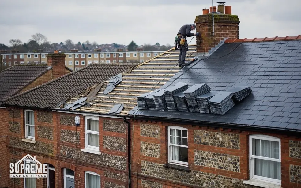 Roofer laying new slates on a brick terrace roof beside a chimney