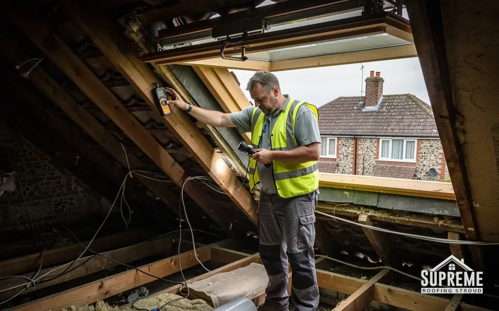 Surveyor in hi-vis using a meter on rafters inside a loft