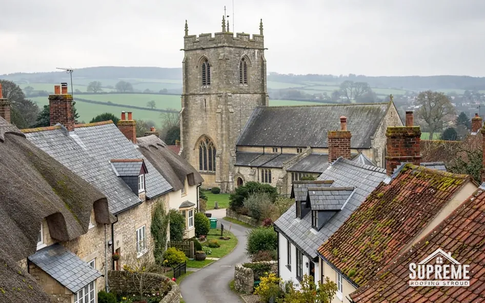 Village of thatched and tiled cottages around a stone church tower