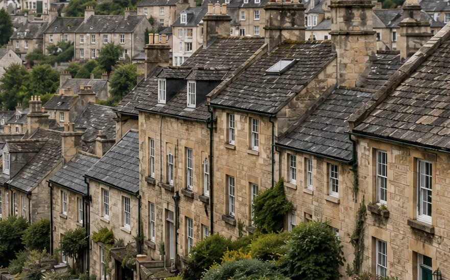 Stone terraced houses with slate roofs and chimneys stepping up a hill