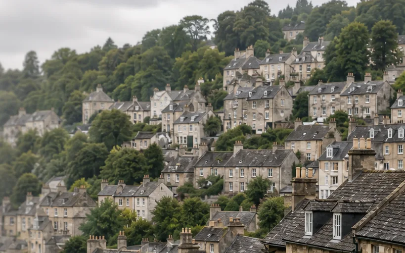 Wooded hillside lined with rows of stone houses and slate roofs
