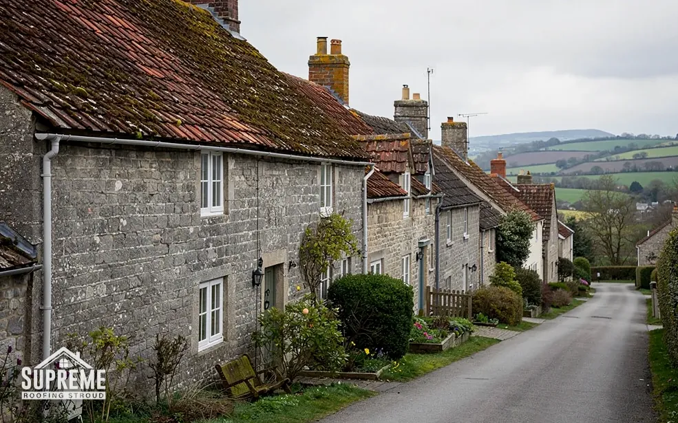 Row of stone cottages with mossy clay tile roofs along a quiet lane