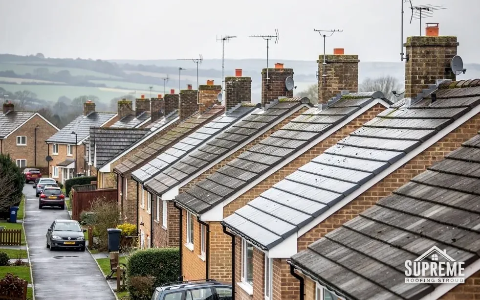 Terraced houses on a hillside street with tiled roofs and brick chimneys