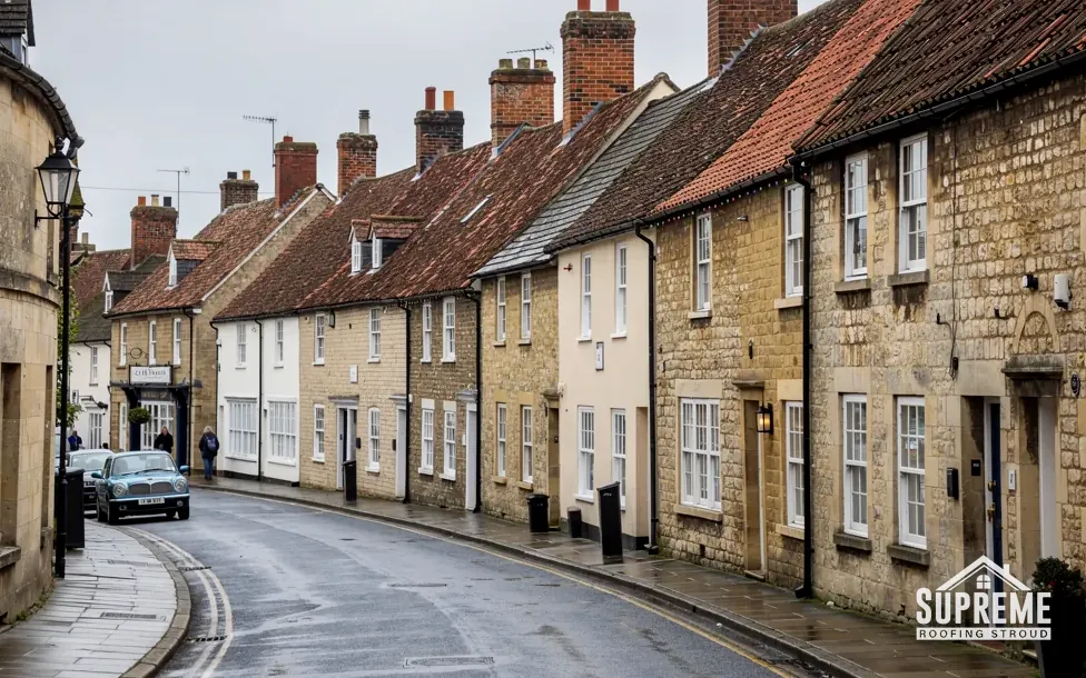 Curving street of stone and rendered terraced houses with tiled roofs