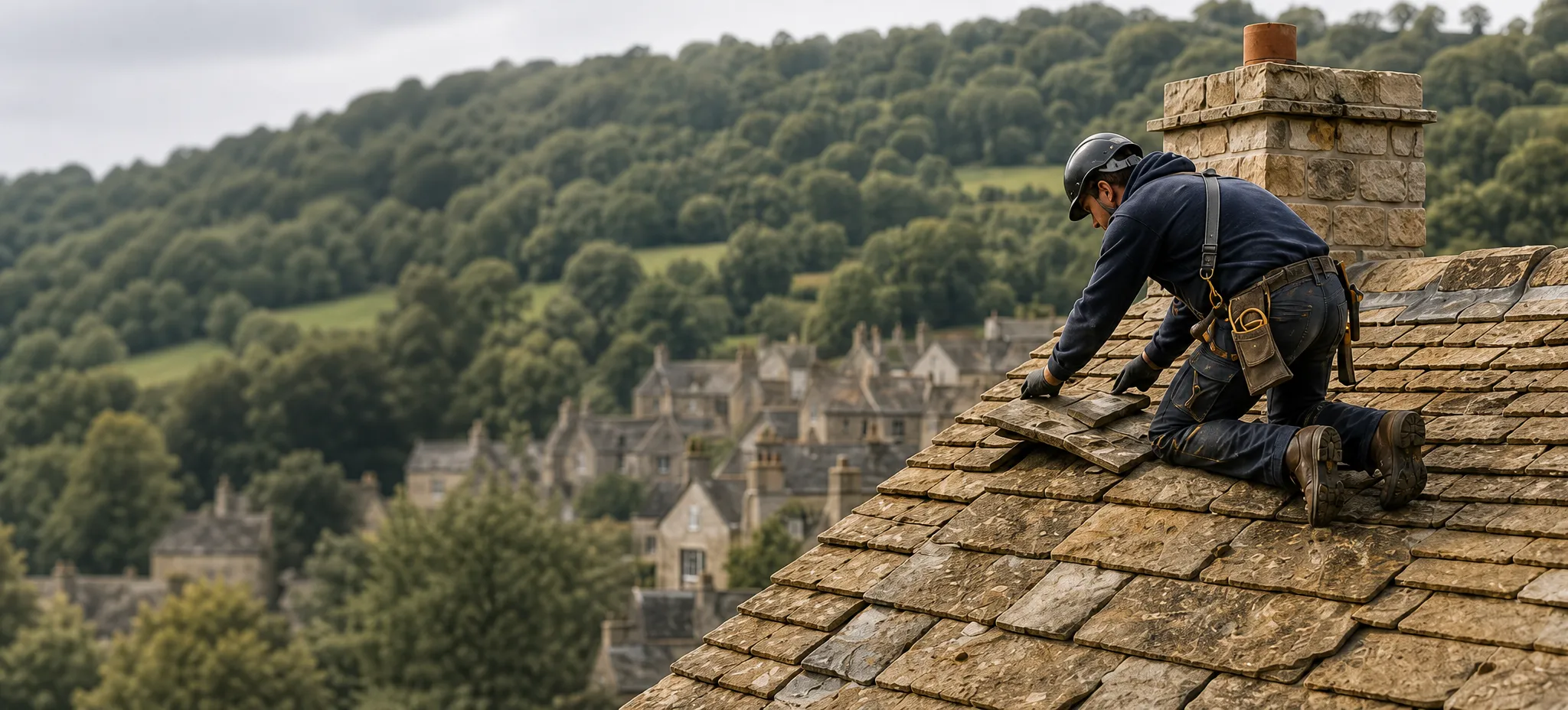 Roofer laying Cotswold stone slates on a steep cottage roof in the Stroud valleys