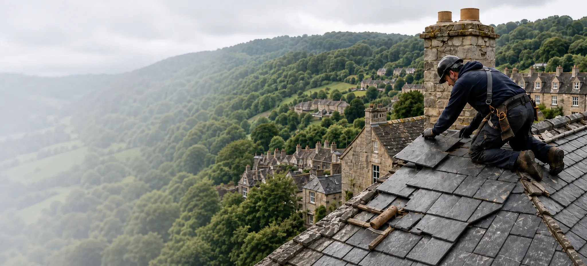 Roofer fitting slates beside a Cotswold stone chimney above a wooded Stroud valley